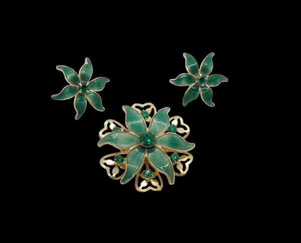 Beautiful Vintage Green Enamel and Rhinestone Floral Brooch and Earrings Set - Lamoree’s Vintage