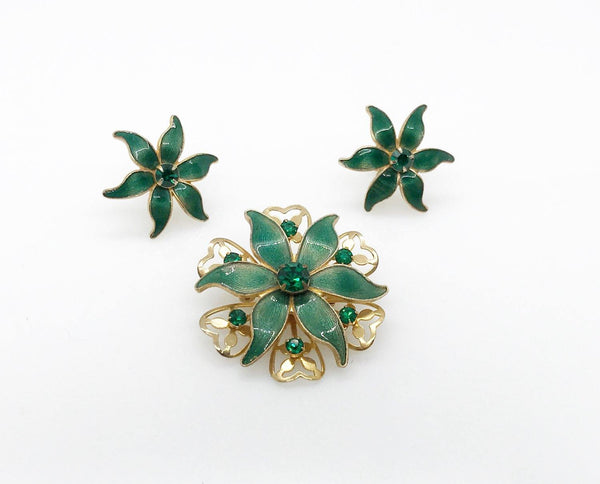 Beautiful Vintage Green Enamel and Rhinestone Floral Brooch and Earrings Set - Lamoree’s Vintage