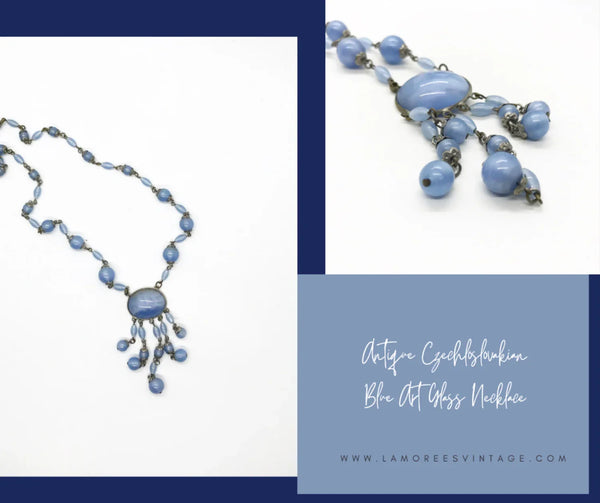 Antique Czechoslovakian Sky Blue Art Glass Drop Negligee Necklace