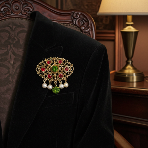 Vintage Austro-Hungarian Revival Filigree Brooch – Emerald Green & Ruby Red Rhinestone Pin with Pearl Drops