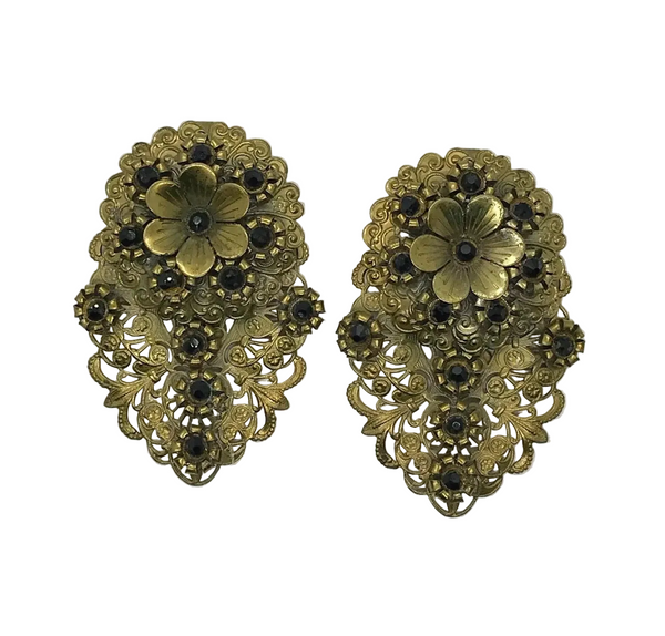 Antique Victorian Elaborate Dress Clips with Filigree and Black Stones