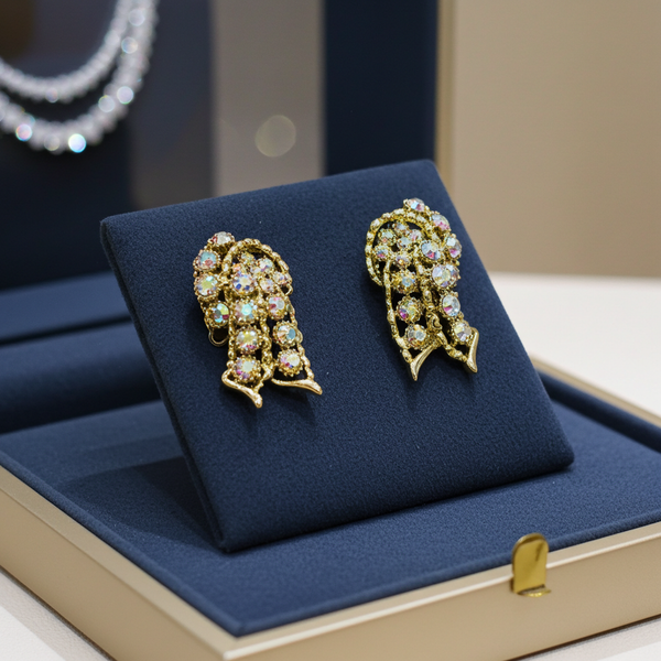Golden Sparkling Stones Knot Earrings - Make a dazzling statement with radiant aurora borealis stones. Featuring a secure hinge back for comfortable wear. Shop now!