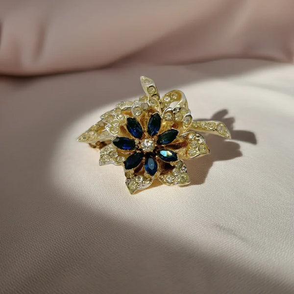 Vintage Trembler Floral Pin with Blue and White Rhinestones