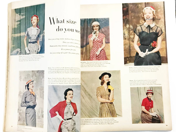 Vintage 1951 magazine layout with women in different outfits and text.