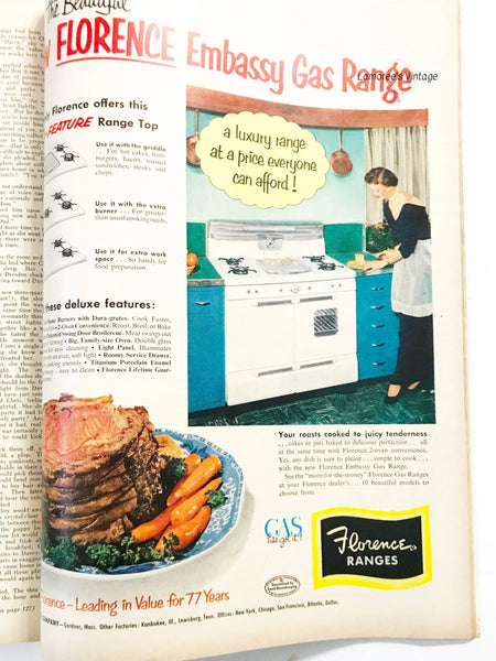 Vintage advertisement for Florence Embassy Gas Range with a woman in a kitchen and roasted ham.