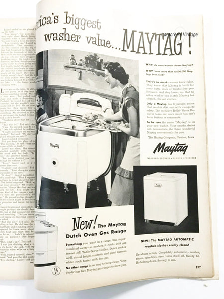 Vintage Maytag advertisement with a woman using a washer and dryer.