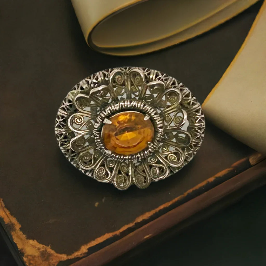 Vintage European Oval Floral Brooch with Amber Colored Stone