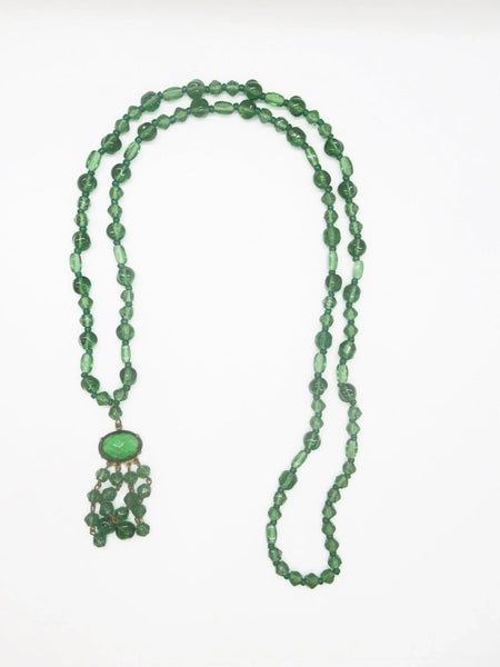 Lovely Long Deco Green Beaded Necklace with Drops