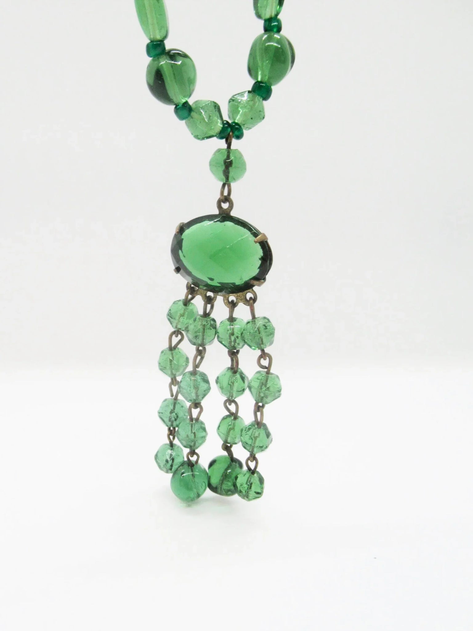 Lovely Long Deco Green Beaded Necklace with Drops