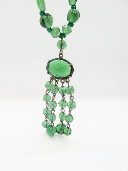Lovely Long Deco Green Beaded Necklace with Drops
