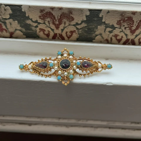 This is another example of the stunning craftsmanship and design elegance produced by the ART company. It was founded by Arthur Pepper in the 1940s-1950s, and ended production in the 1970s. Their pieces (at least my favorites) are characterized by an elaborate Victorian style setting with tiny faux pearls, garnets and turquoise stones.