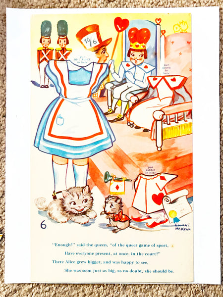 This is a vintage boxed set of "Animated Alice in Wonderland Dolls" paper dolls manufactured by the Milton Bradley Company. The set, number 4109, was designed by Emma C. McKean and includes seven scene cards where the dolls can be inserted into die-cut slits to "animate" the scenes.