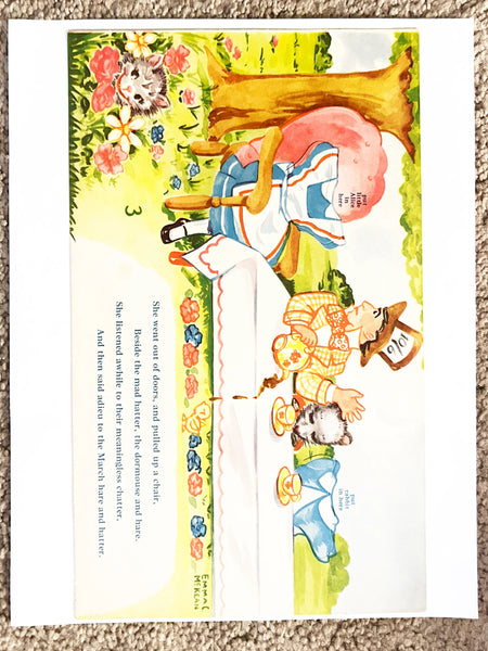 This is a vintage boxed set of "Animated Alice in Wonderland Dolls" paper dolls manufactured by the Milton Bradley Company. The set, number 4109, was designed by Emma C. McKean and includes seven scene cards where the dolls can be inserted into die-cut slits to "animate" the scenes.