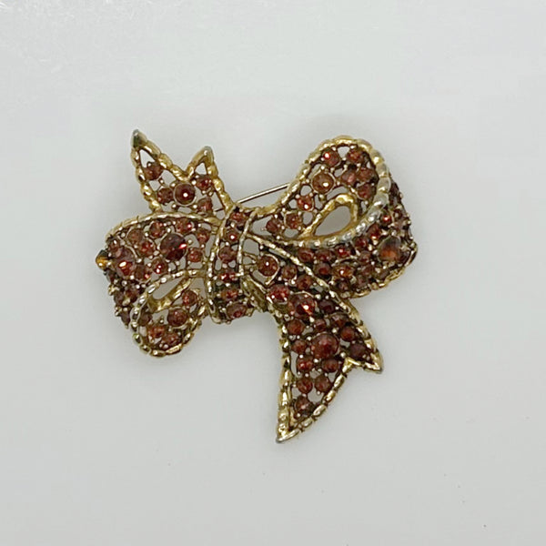 Vintage Amber and Golden Browns Rhinestone Bow Brooch