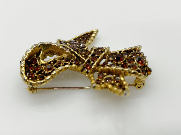 Vintage Amber and Golden Browns Rhinestone Bow Brooch