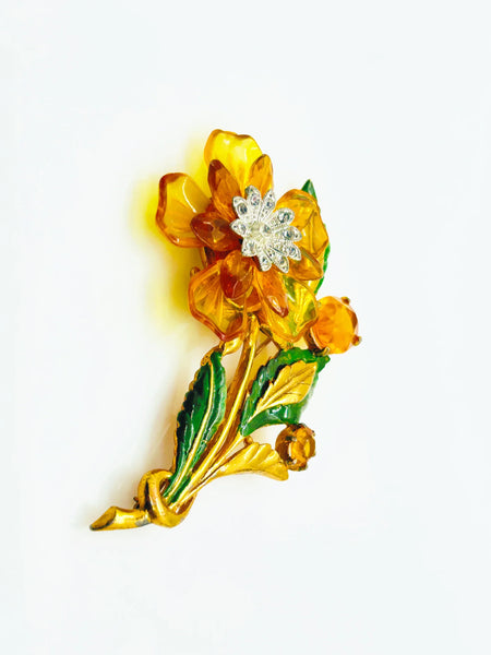 Statement 4" Vintage Butterscotch Floral Brooch provides bold elegance with amber colored petals and sparkling rhinestone center. Shop today!