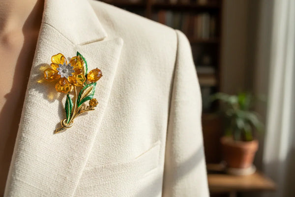 Statement 4" Vintage Butterscotch Floral Brooch provides bold elegance with amber colored petals and sparkling rhinestone center. Shop today!