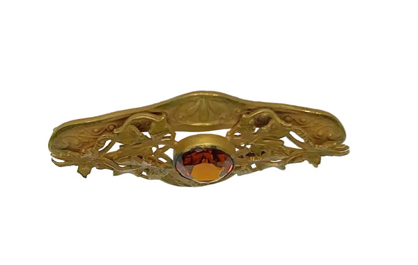 Antique Victorian Brooch Pin With Golden Large Stone and Leaf Detail