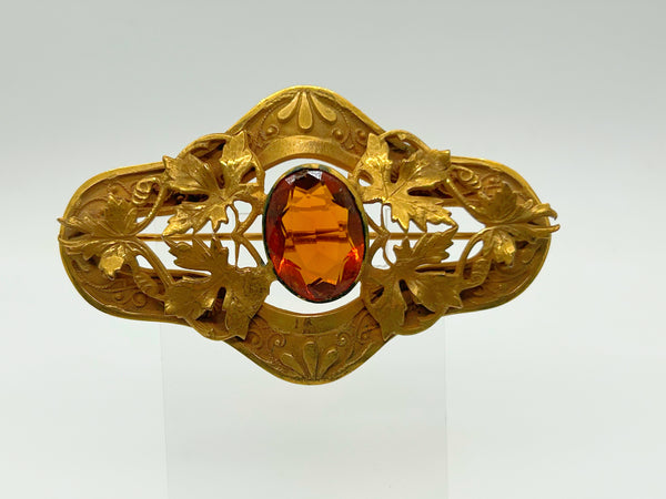 Victorian Brooch Pin With Golden Large Oval Stone and Leaf Detail