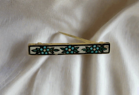 Antique Blue and White Enamel Floral Design Bar Brooch - Lamoree’s Vintage