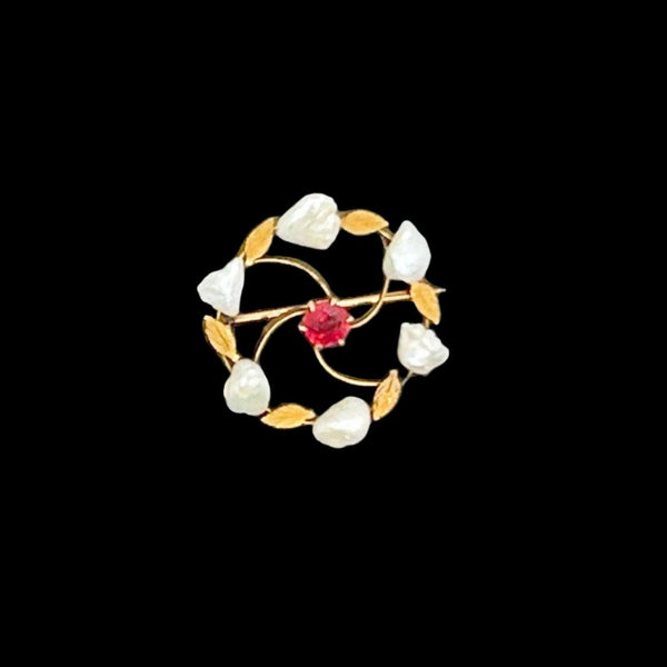 Antique Circle Brooch with Red Stone and Seed Pearls - Lamoree’s Vintage