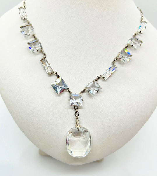 Antique Clear Crystal Sparkling Sterling Necklace with Glittering Drop