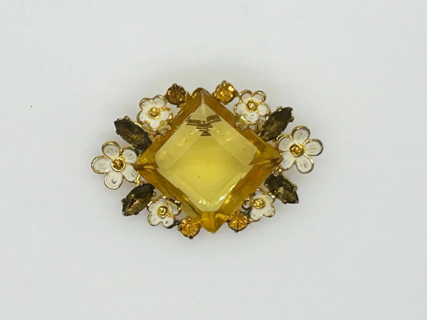 Antique Clear Yellow Stone Floral Czech Brooch with Enamel Blossoms