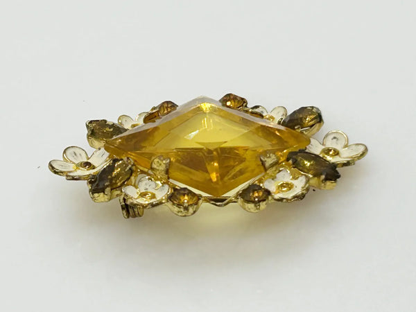 Antique Clear Yellow Stone Floral Czech Brooch with Enamel Blossoms