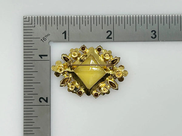 Antique Clear Yellow Stone Floral Czech Brooch with Enamel Blossoms