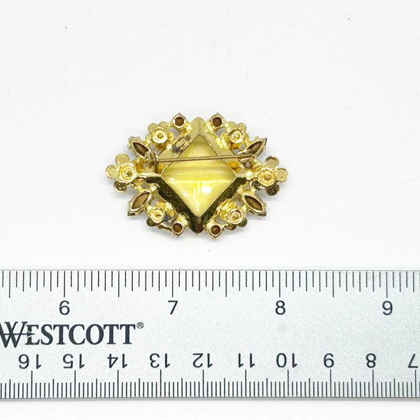 Perfect for vintage jewelry lovers: our Antique Clear Yellow Stone Floral Czech Brooch provides timeless elegance with enameled flowers and a clear center stone. Shop today!