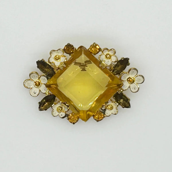 Antique Clear Yellow Stone Floral Czech Brooch with Enamel Blossoms