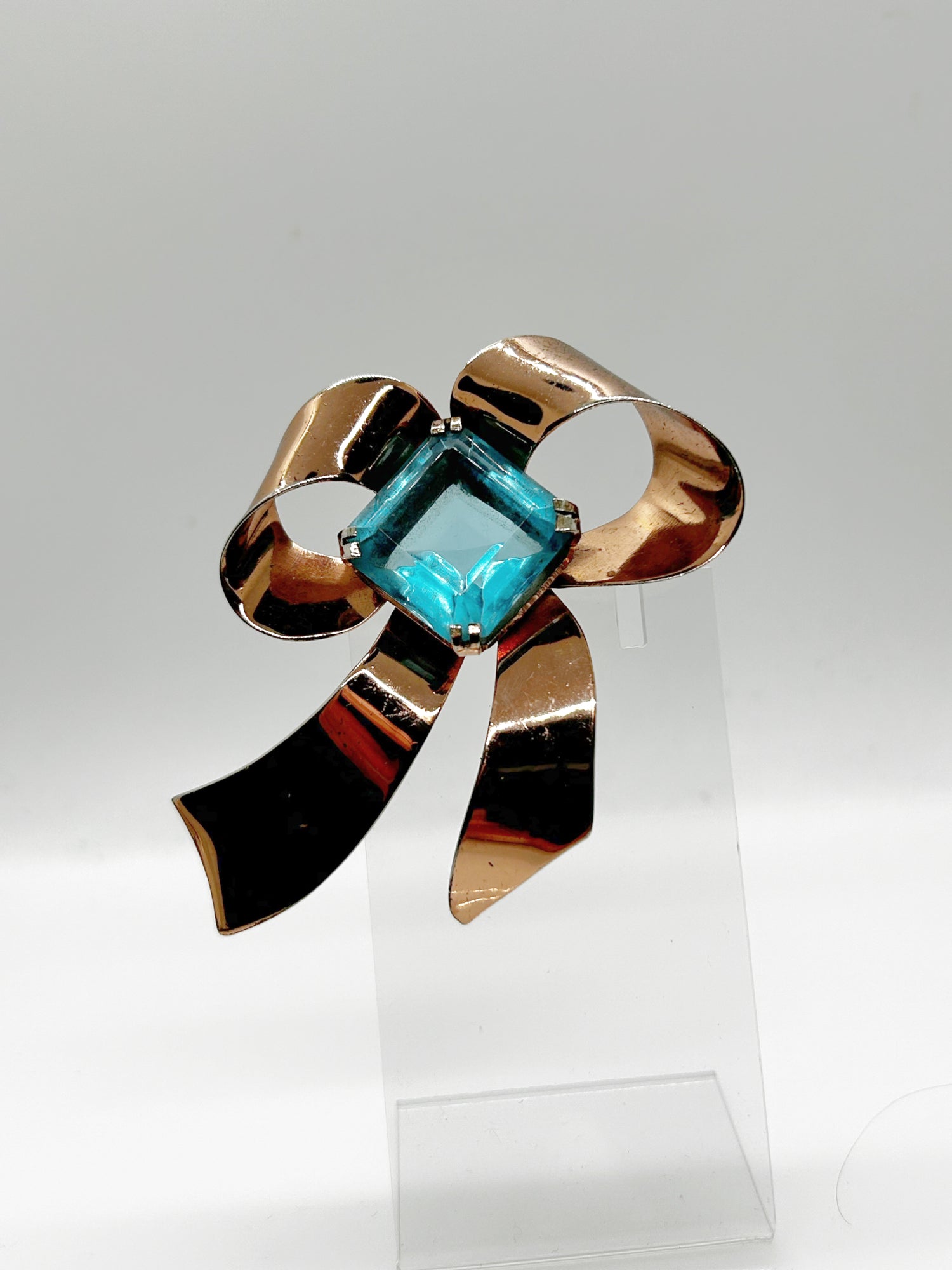 Vintage Sterling Bow Brooch with Large Square Aqua  Blue Stone