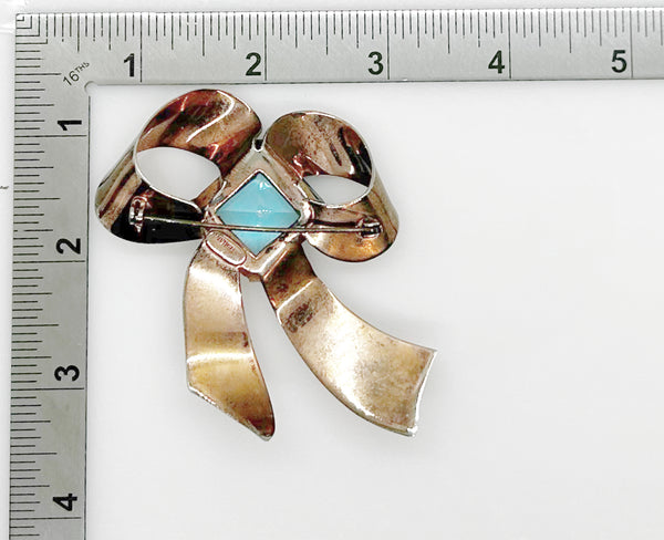 Vintage Sterling Bow Brooch with Large Square Aqua  Blue Stone