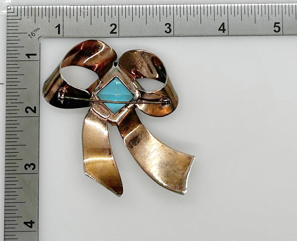 Vintage Sterling Bow Brooch with Large Square Aqua  Blue Stone