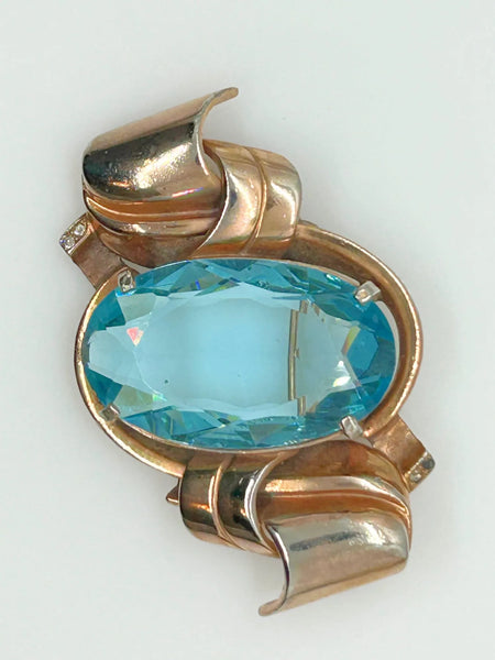 Gorgeous Vintage Brooch with Huge Oval Clear Aqua Stone