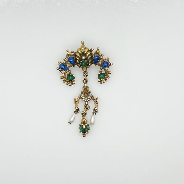 Vintage ART Brooch with Blue and Green Accents