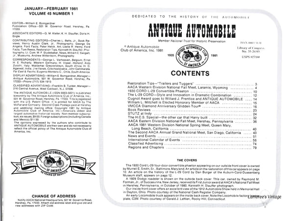 This publication from the Antique Automobile Association is Volume 45, Number 1. The group is dedicated to "the history of the automobile." 