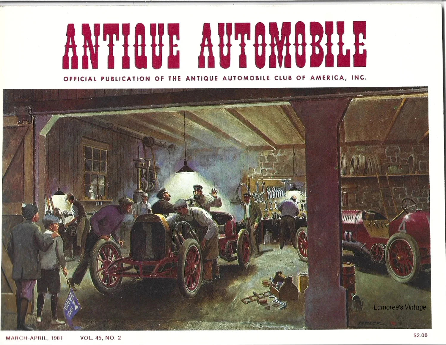 This issue of the Official Publication of the Antique Automobile Club of America, Inc, from March-April, 1981, is graced by a photograph of a Peter Helck painting,"The Night Before the Big Race".