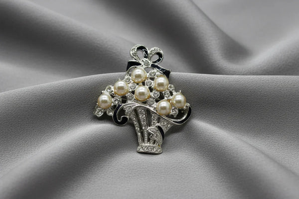 Avon Rhinestones, Enamel and Faux Pearls Basket Pin