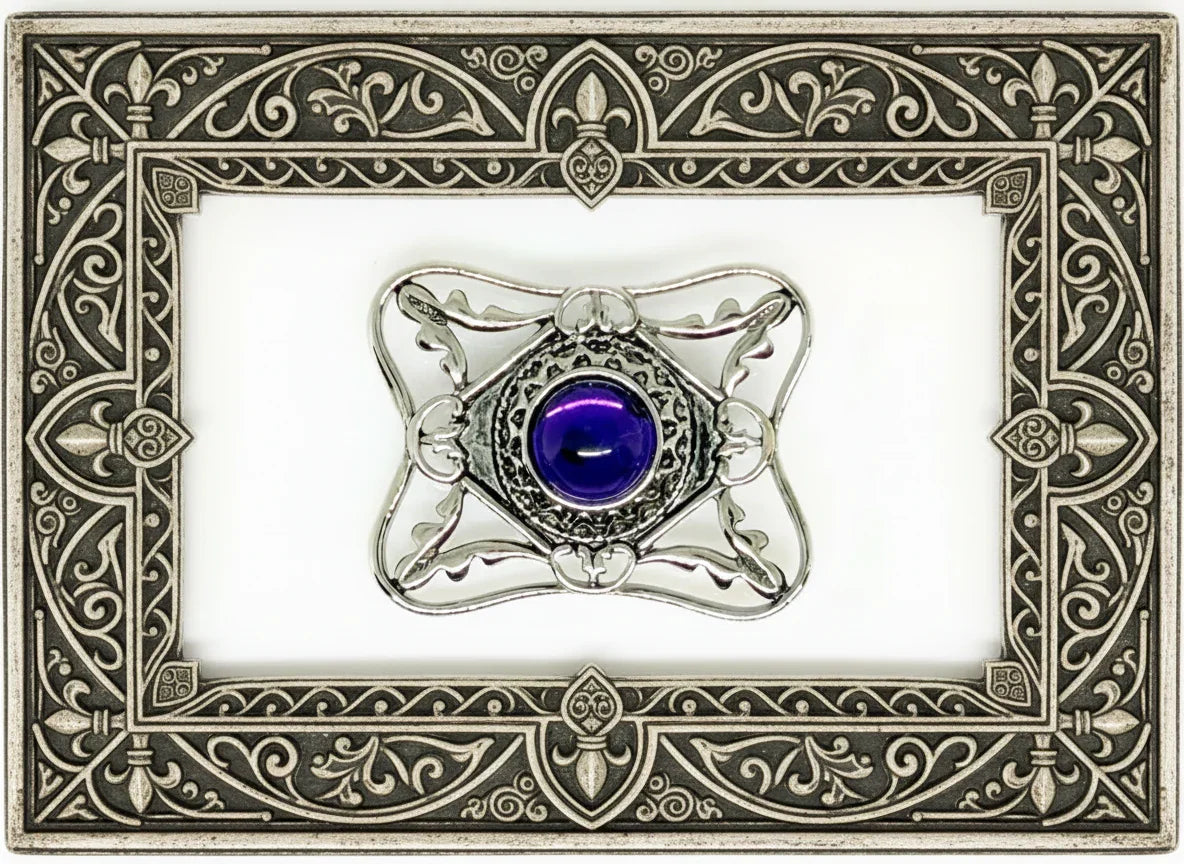 Perfect for vintage Avon enthusiasts: our Bold and Classic Medieval Style Pin with Purple Stone provides timeless elegance and bold sophistication. Shop today!