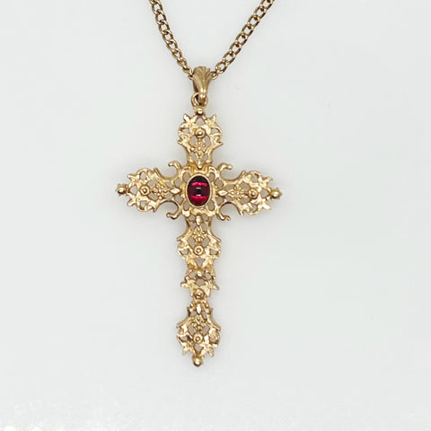 Avon Vintage Red Abbey Cross Red Pendant Necklace 