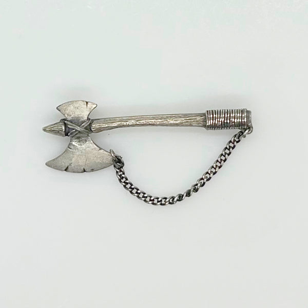 Vintage Metal Broadaxe Brooch with Chain