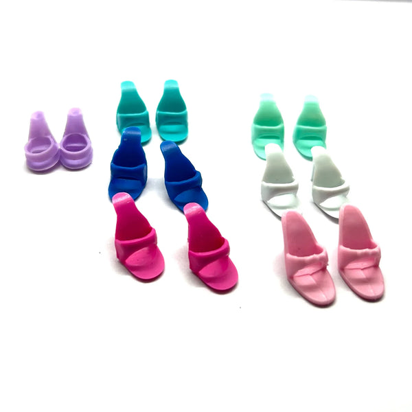 Vintage Barbie doll open toe mule heels shoes replacement lot of 7 matching pairs in multi-color pastel and bright shades for 11.5 inch fashion dolls.
