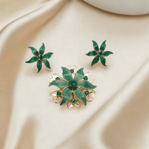 Beautiful Vintage Green Enamel and Rhinestone Floral Brooch and Earrings Set - Lamoree’s Vintage