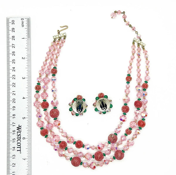 Vintage Glamour in Pink, Red and Green Glittering Necklace and Earrings Set