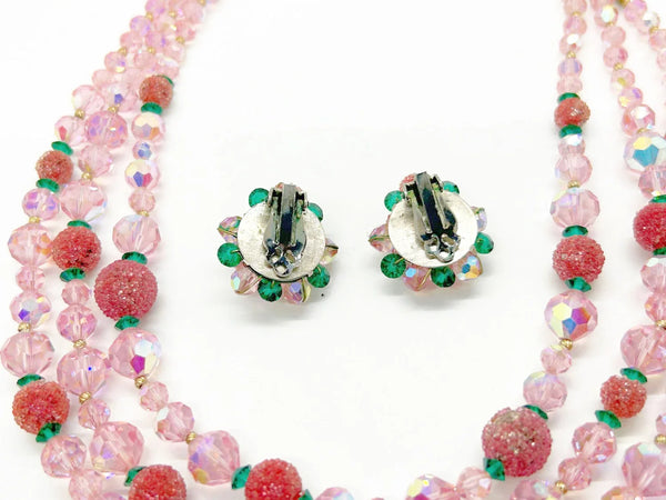 Vintage Glamour in Pink, Red and Green Glittering Necklace and Earrings Set