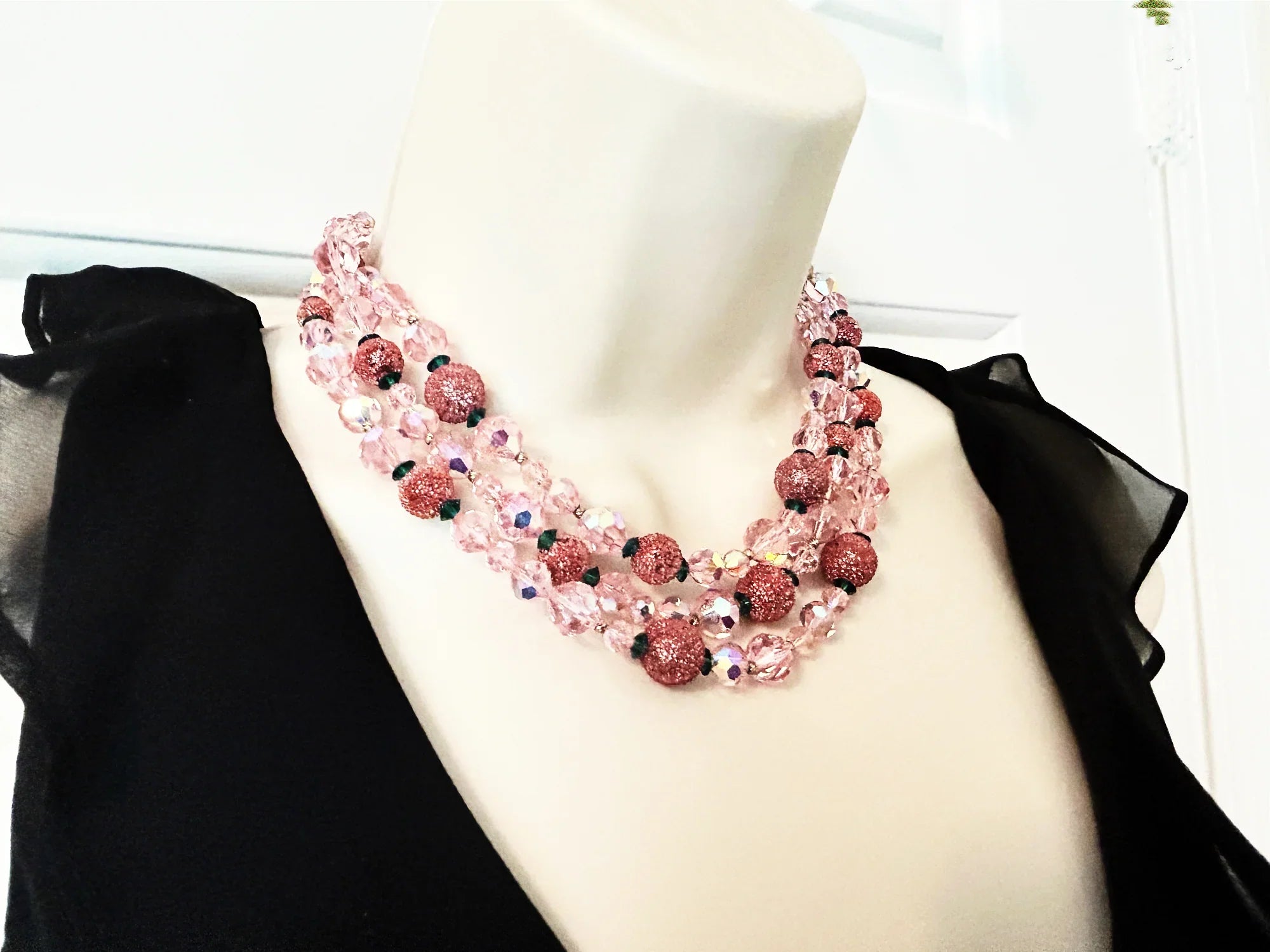 Vintage Glamour in Pink, Red and Green Glittering Necklace and Earrings Set