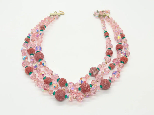 Vintage Glamour in Pink, Red and Green Glittering Necklace and Earrings Set