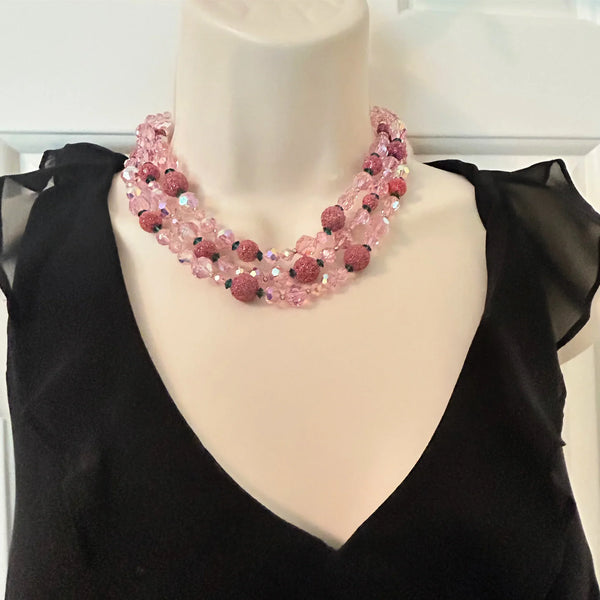 Vintage Glamour in Pink, Red and Green Glittering Necklace and Earrings Set