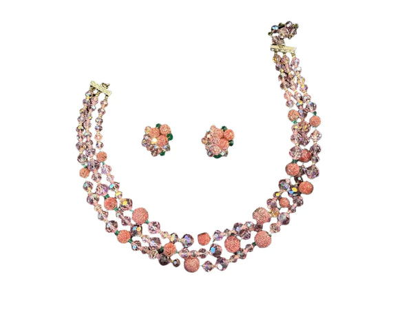 Vintage Glamour in Pink, Red and Green Glittering Necklace and Earrings Set